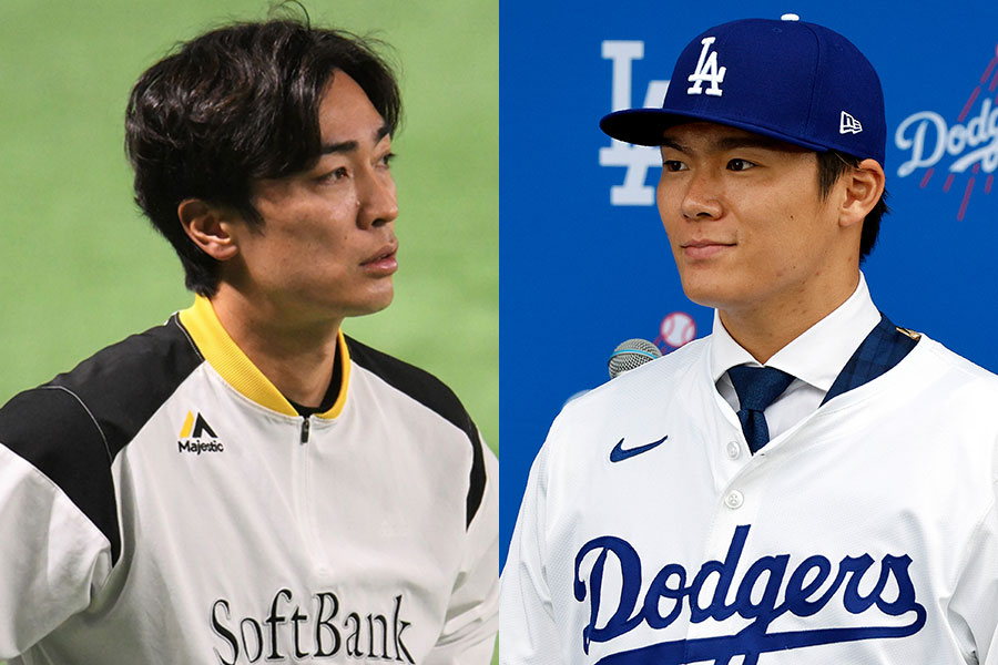 ソフトバンク・和田毅（左）とドジャース・山本由伸【写真：藤浦一都、Getty Images】