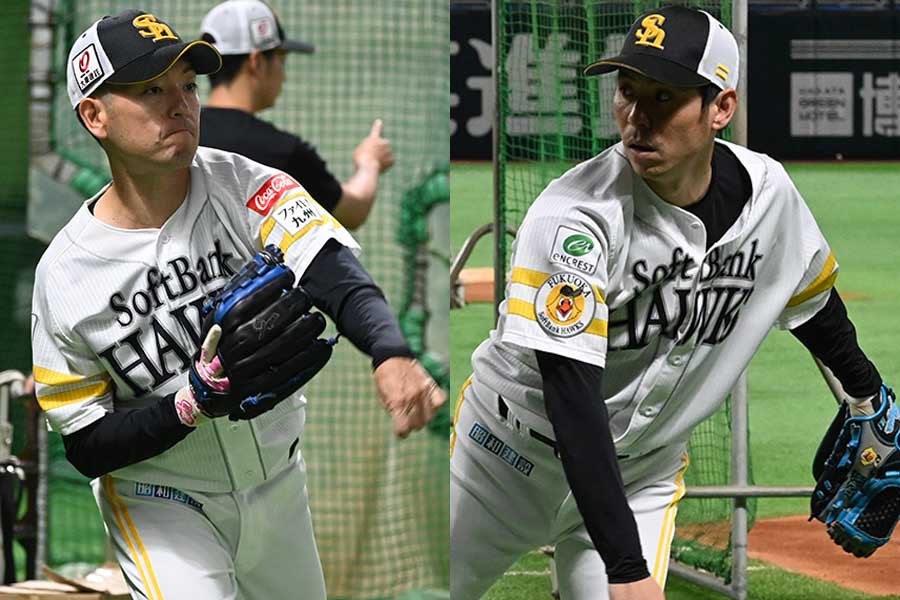 ソフトバンク・岸健太郎打撃投手（左）と岡本健打撃投手