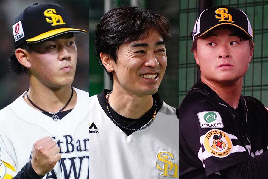 ソフトバンク・岩井俊介、和田毅、前田純（左から）【写真：荒川祐史、竹村岳】