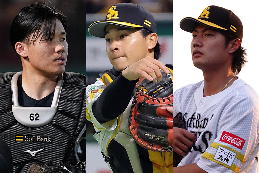 ソフトバンク・海野隆司、谷川原健太、渡邉陸（左から）【写真：矢口亨、栗木一考、竹村岳】