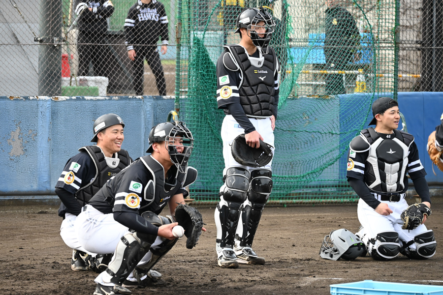 春季キャンプA組の海野隆司、盛島稜大、渡邉陸、谷川原健太（左から）【写真：長濱幸治】