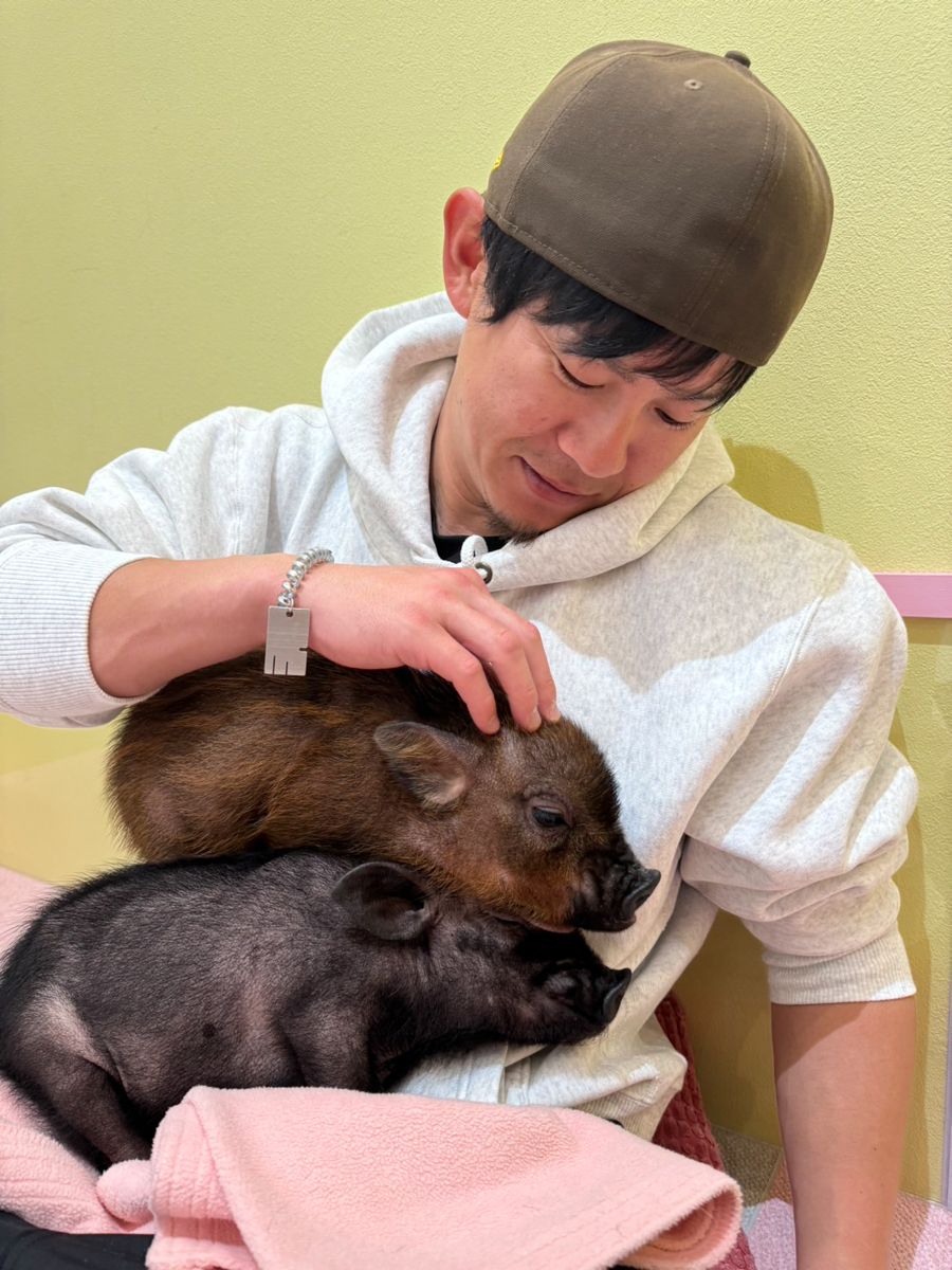 2匹の子豚を抱っこする牧原大成【写真提供：西田哲朗広報】