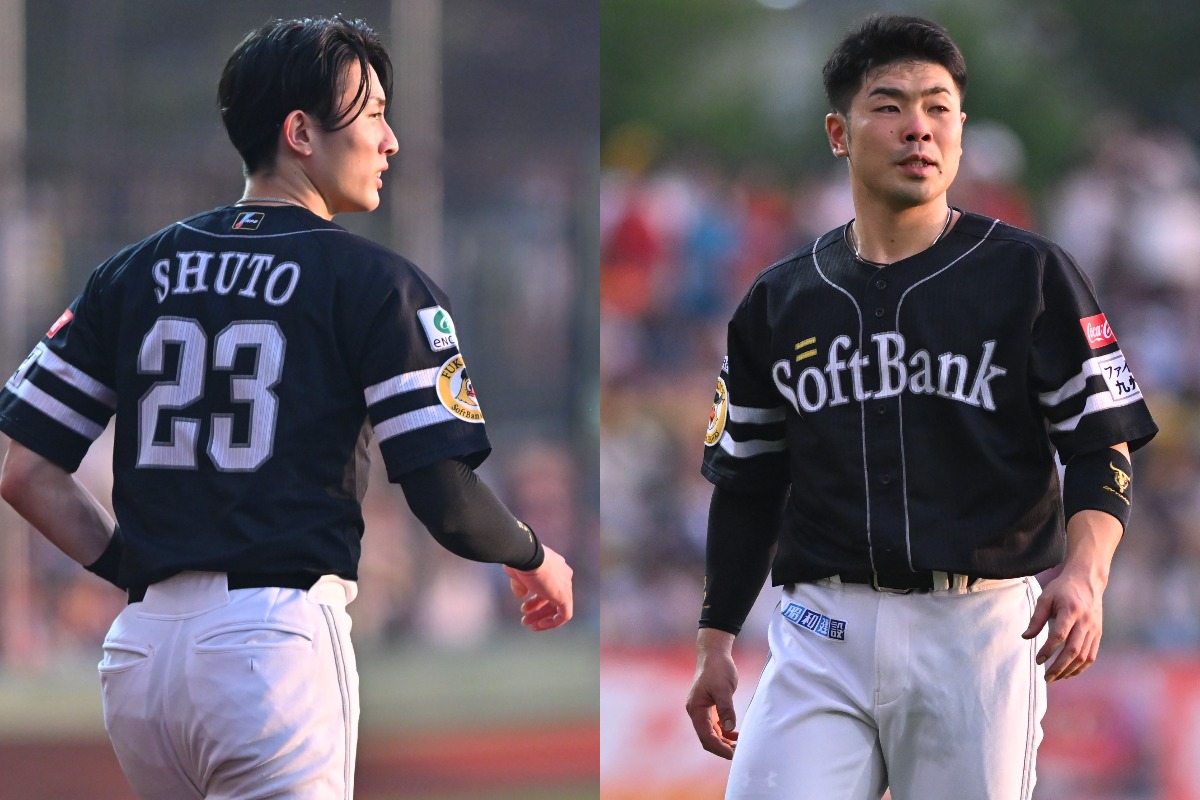 周東佑京（左）、近藤健介【写真：古川剛伊】