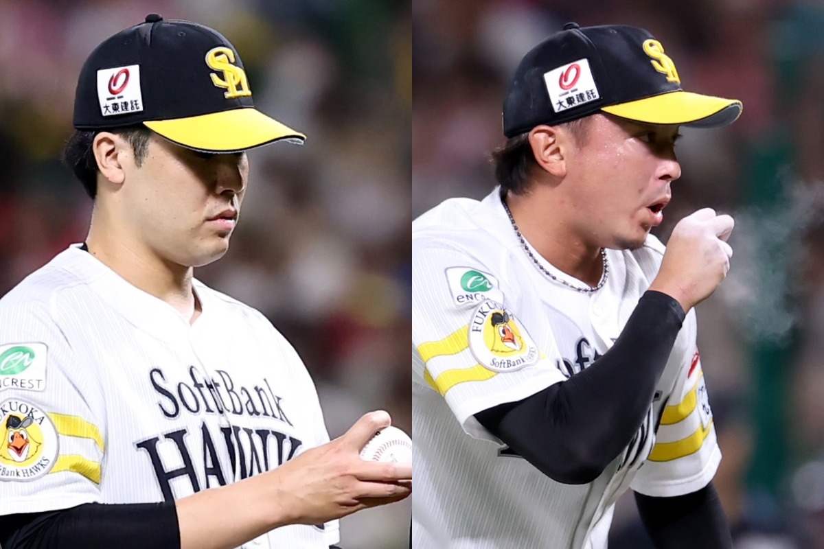 藤井皓哉（左）と東浜巨【写真：加治屋友輝】