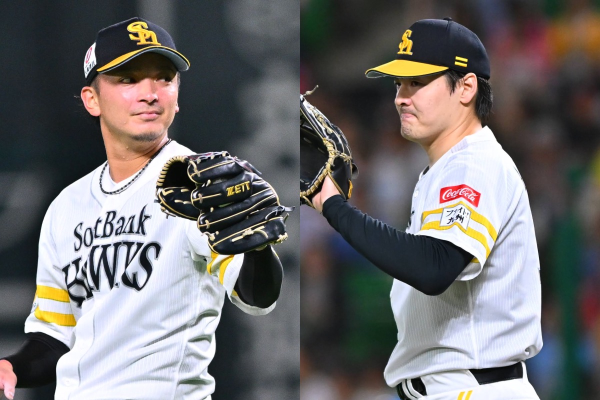 東浜巨（左）と有原航平【写真：古川剛伊】