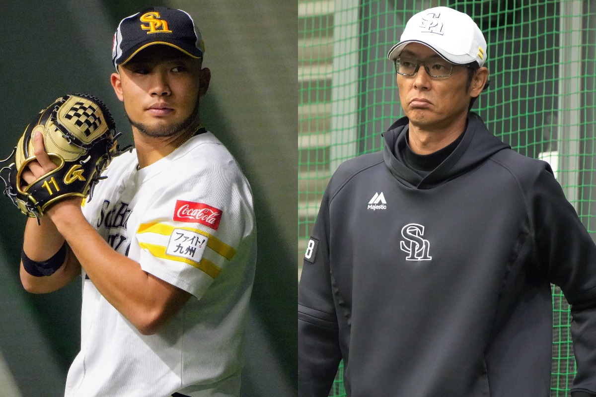 宮里優吾（左）、斉藤和巳3軍監督【写真：冨田成美、竹村岳】