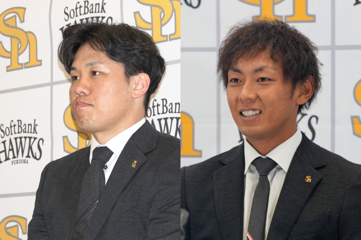 契約更改交渉に臨んだ海野隆司（左）と今宮健太【写真：竹村岳、森大樹】