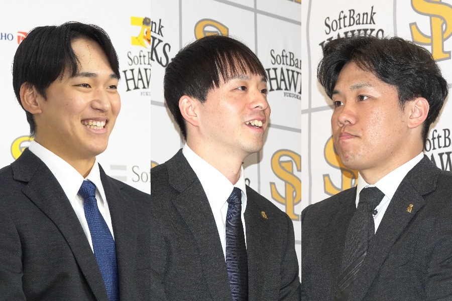 契約更改に臨んだ大関友久、前田悠伍、海野隆司【写真：竹村岳】