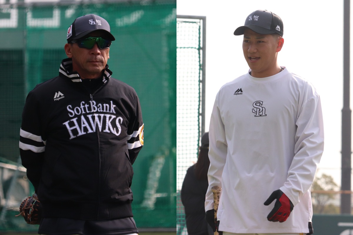 大越基3軍監督（左）と漁府輝羽【写真：飯田航平】