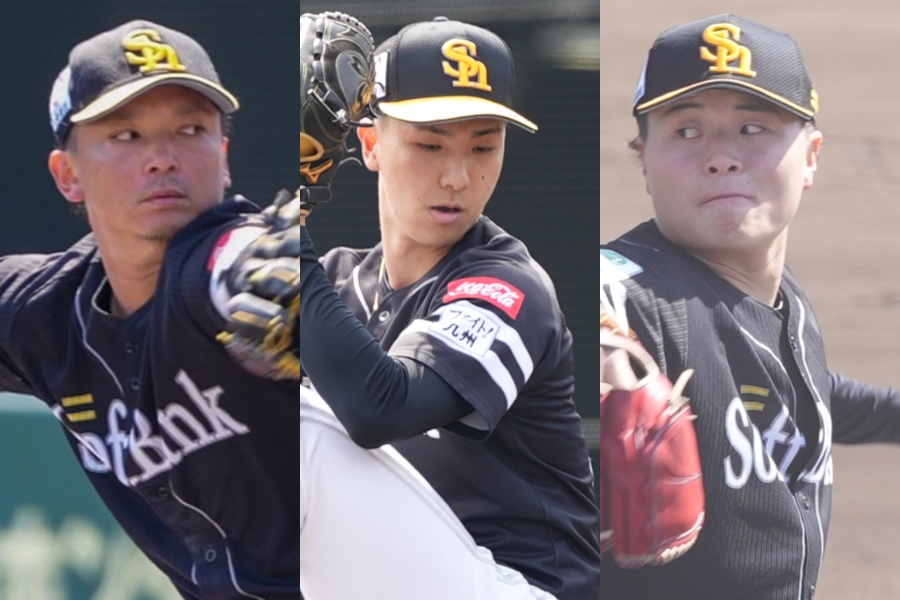 2軍戦に先発した東浜巨、藤原大翔、前田純（左から）【写真：森大樹】
