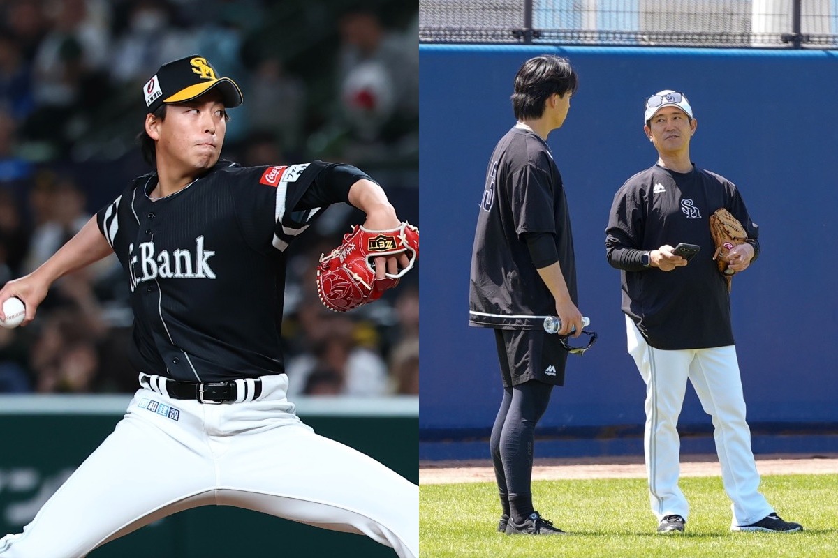 西武戦でプロ初登板した大竹風雅（左）と試合前練習で話し込む大竹風雅と小笠原孝投手コーチ【写真：加治屋友輝、森大樹】