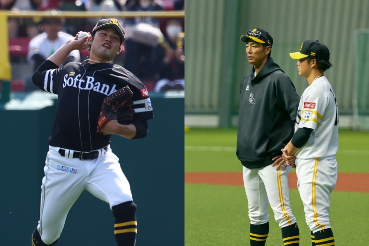 見事なバックホームでピンチを救った山本恵大（左）と室内練習場で声をかける斉藤和巳2軍監督【写真：森大樹、加治屋友輝】
