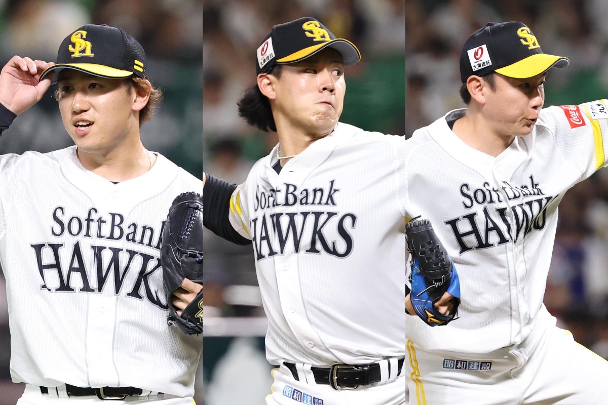 7回から1イニングずつ無失点に抑えた木村光、岩井俊介、中村稔弥（左から）【写真：栗木一考】